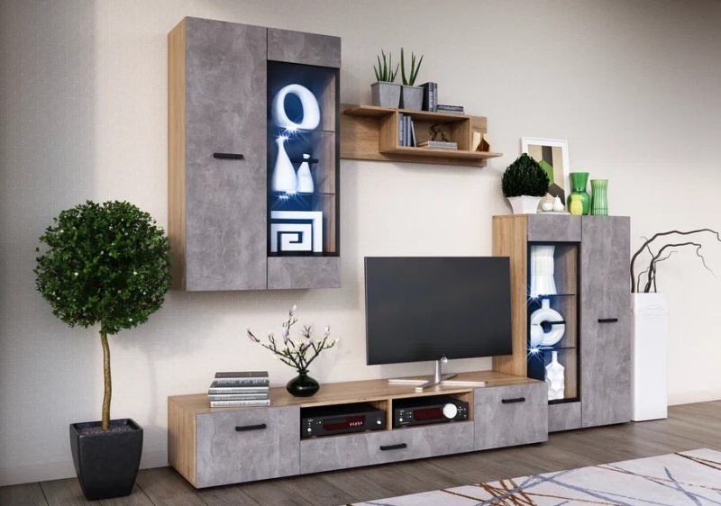 Гостиная Нэнси New Тумба ТВ (2дв.+1ящ.) (МДФ) МИФ (Бетон светлый/Сонома)