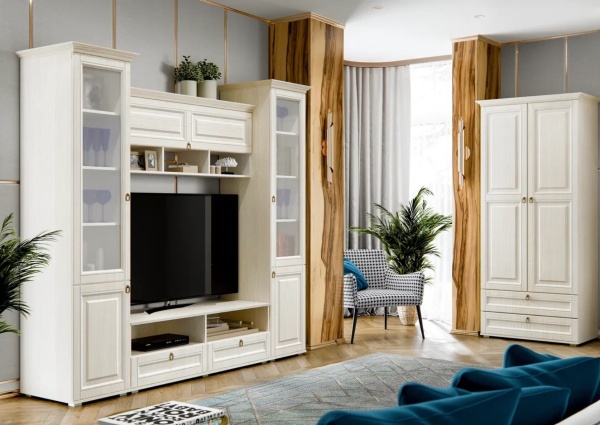 Гостиная Престиж-1 ПВХ Шкаф со стеклом МИФ (Сандал светлый)