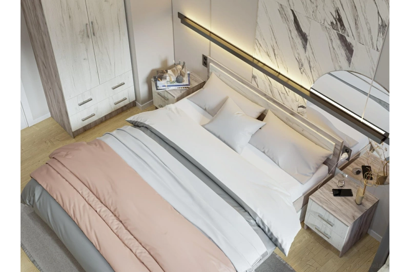 Гармония КР 604 кровать с ящиками 1600 СТЕНД (фасад ДУБ КРАФТ БЕЛЫЙ/корпус ДУБ КРАФТ СЕРЫЙ (1,652х0,78х2,032))