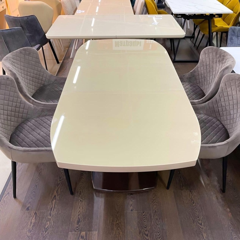 Стол Дионис Стекло 1400 Ваша Мебель (стекло бежевое, мдф коричневый, каркас коричневый, колонна декор №3 V-образный (1400/1800*850*750))