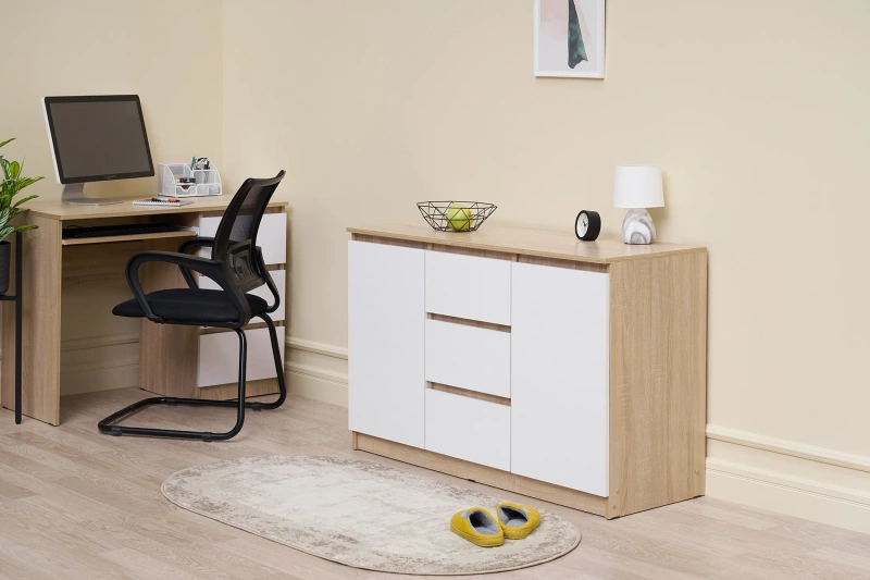 Челси Комод 1200 (2 двери 3 ящика) МИФ (Белый глянец холодный, дуб сонома)