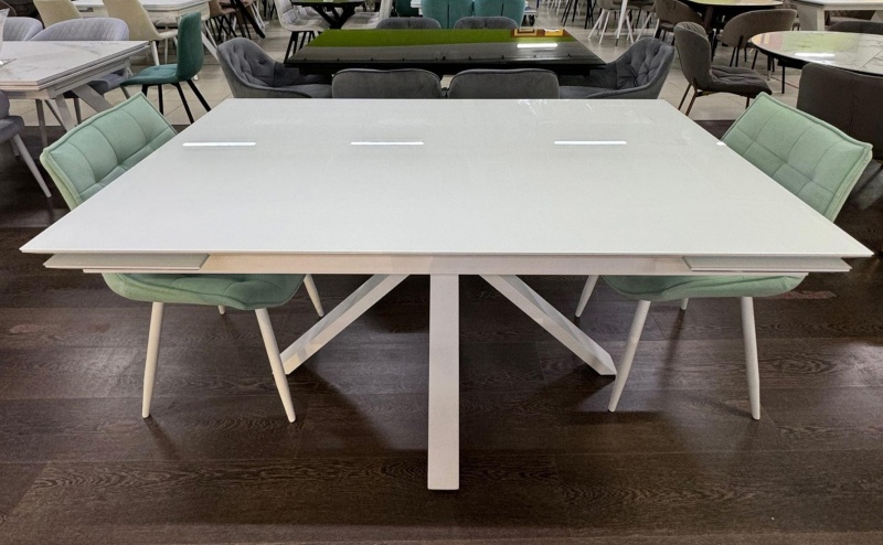 Стол Ривьер Стекло 1600 Ваша Мебель (Стекло белое, мдф+пленка белая, каркас муар белый (1600 (2200)х900))