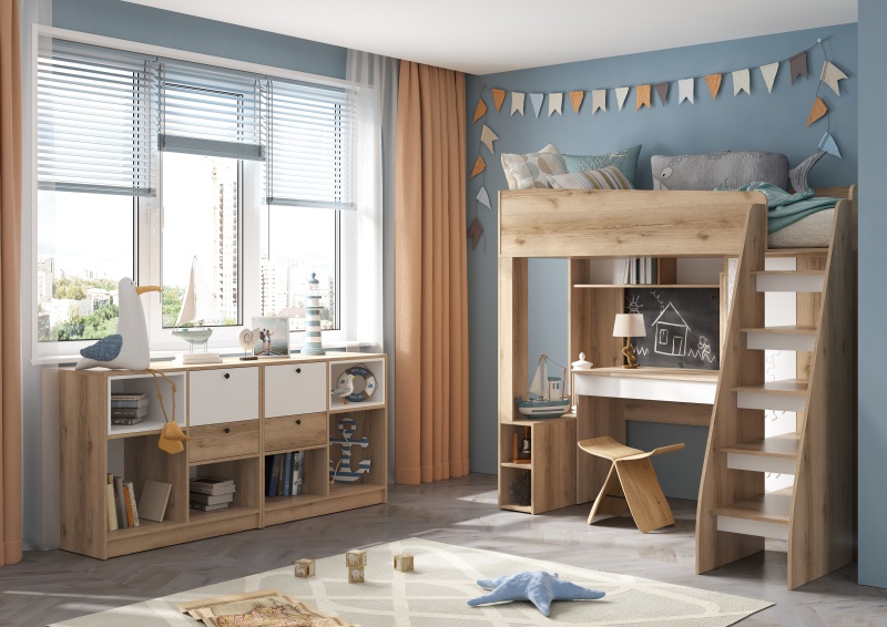 Киви КР-02 Кровать-чердак СТЕНД (Фасад МДФ СУПЕРМАТ БЕЛЫЙ/Корпус ДУБ ДЕЛАНО (1988*1754*1576))