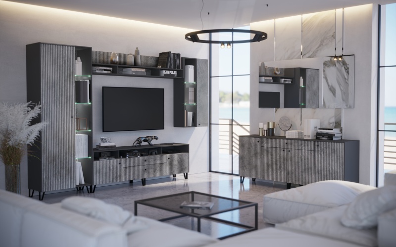 Гостиная Оливия Комод МИФ (Графит, Мрамор Глянец)