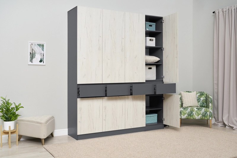 Прихожая Роджина Шкаф 4-х ств. МИФ (Дуб Крафт Белый, Графит)