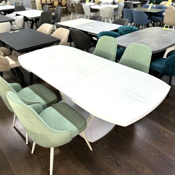 Стол Дионис Стекло 1600 Ваша Мебель (Стекло белое, мдф белый, каркас белый, колонна декор №3 V-образный белый (1600/2000*900*750))