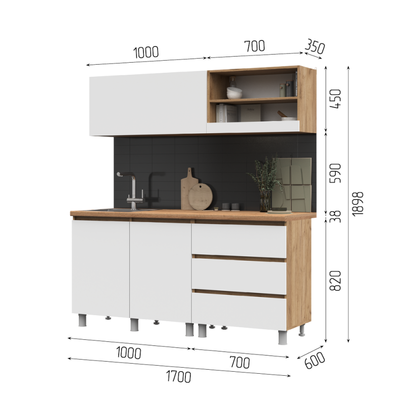 Кухня Хелен/Люмо 1,7 СТЕНД/ТВД (фасад БЕЛЫЙ/корпус ДУБ КРАФТ ЗОЛОТО)