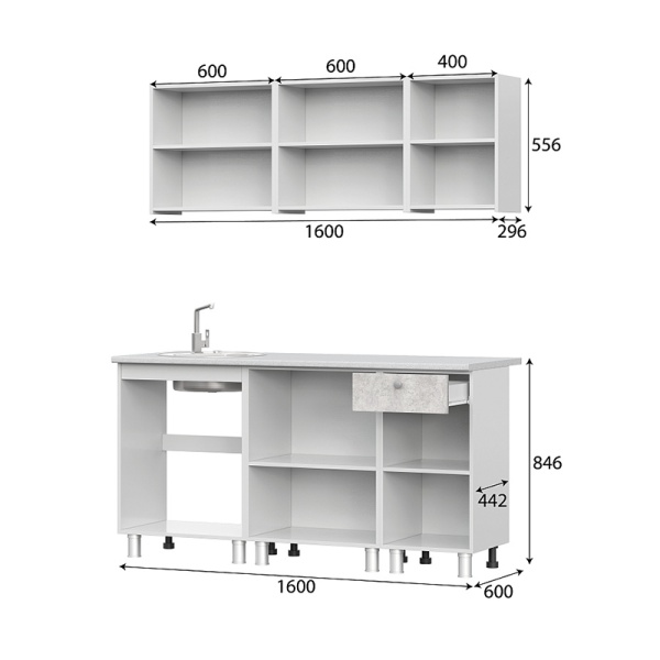 Кухонный гарнитур КГ-1 (1600) ЛДСП SV-мебель (Белый/белый/цемент св./антарес (1600*1982*600*26*Глубина столешницы 600 мм))