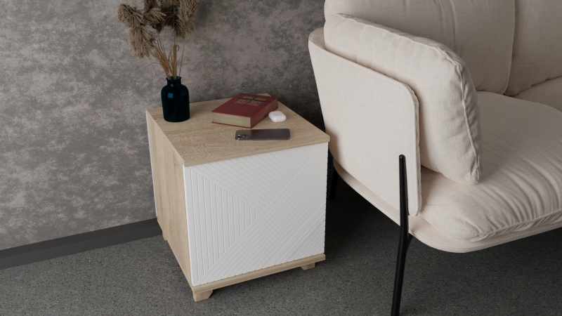 Копенгаген Тумба прикроватная со створкой (12 СТУЛЬЕВ) (Корпус: ЛДСП Дуб Сонома, Фасад: МДФ Белый мат)