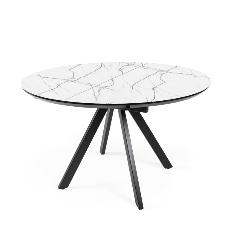 Стол Бахус Керамика 1200 Ваша Мебель (Керамика ДГ-3 мрамор белый, мдф+пленка черная, опоры муар черные (d=1200(1600)))