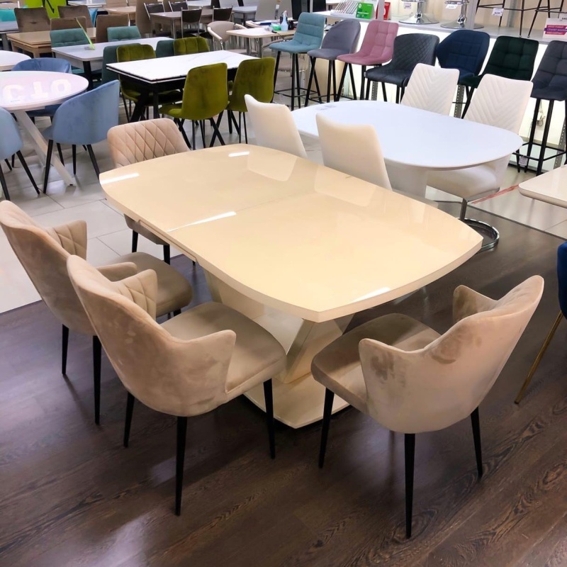 Стол Дионис Стекло 1400 Ваша Мебель (стекло бежевое, мдф бежевый, каркас бежевый, колонна декор №3 V-образный (1400/1800*850*750))