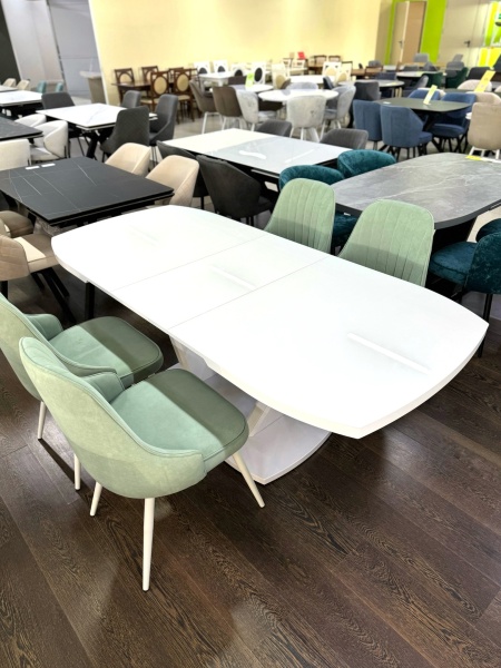 Стол Дионис Стекло 1400 Ваша Мебель (стекло белое, мдф белый, каркас белый, колонна декор №3 V-образный белый (1400/1800*850*750))