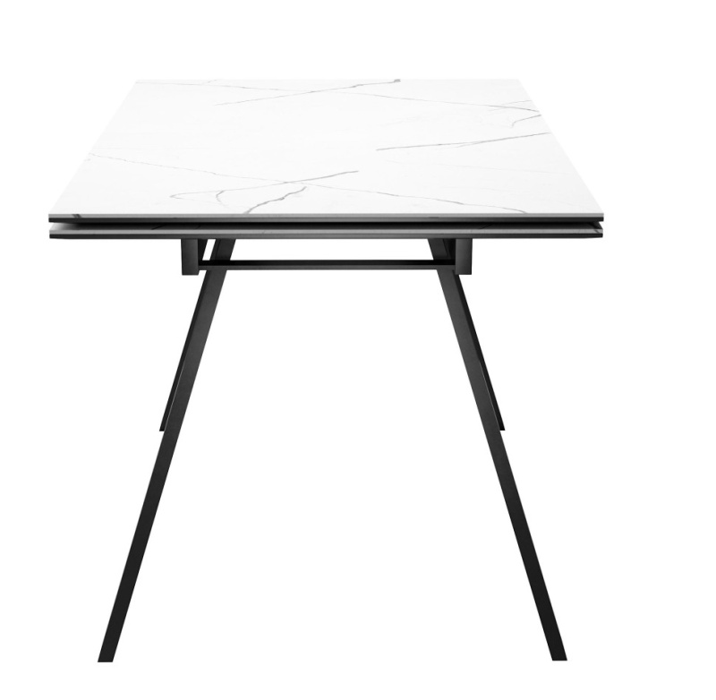 Стол Атлант Керамика 1400 Ваша Мебель (керамика ДГ-3 Мрамор белый, МДФ+пленка черная, Опора №12 мет.краш муар черный(1400(2200)х850) СНЯТ)