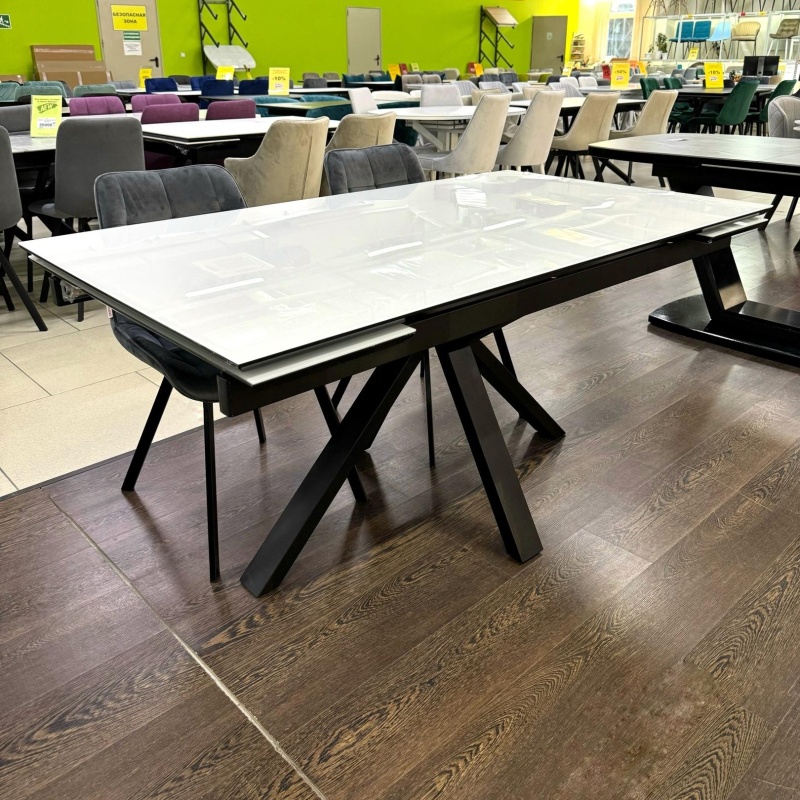 Стол Ривьер Стекло 1400 Ваша Мебель (Стекло белое, мдф+пленка черная, опоры муар черные (1400 (2000)х850))