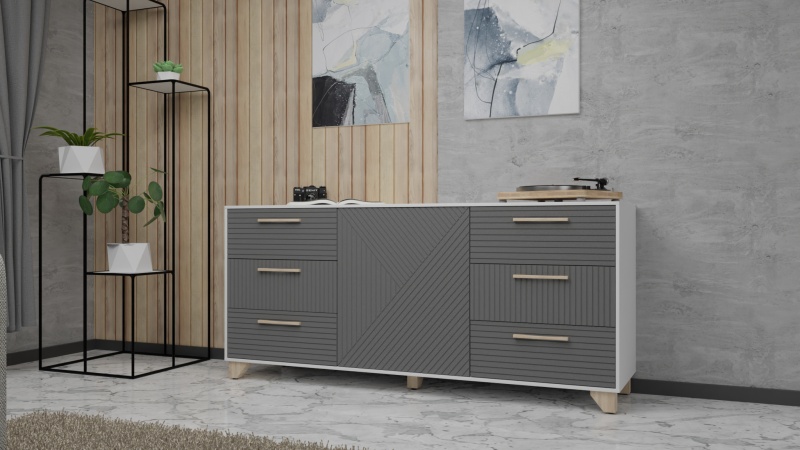 Копенгаген Комод (12 СТУЛЬЕВ) (Корпус: ЛДСП Белый, МДФ Серый графит)