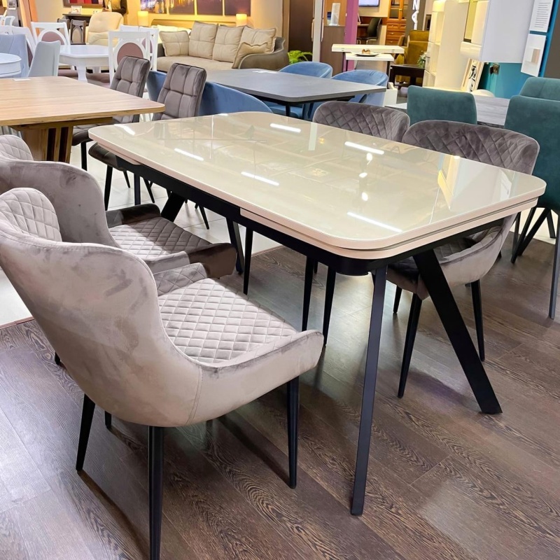 Стол Кронос Стекло 1400 Ваша Мебель (стекло бежевое, МДФ бежевый, каркас муар черный+Опора №12 черная (1400(2200)х850) СНЯТ)