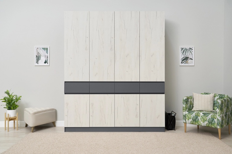 Прихожая Роджина Шкаф 4-х ств. МИФ (Дуб Крафт Белый, Графит)