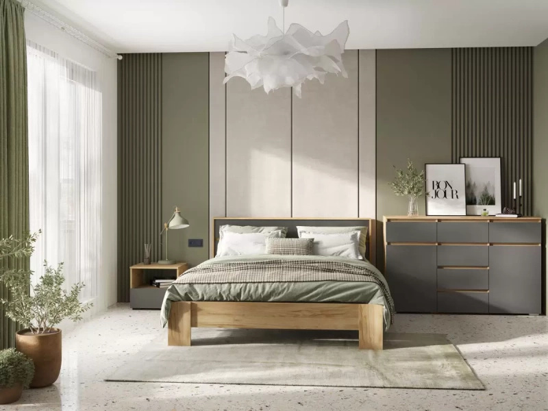 Хелен КР 03 Кровать 1.6х2.0 СТЕНД (фасад СЕРЫЙ ГРАФИТ 0162/корпус ДУБ КРАФТ ЗОЛОТО)