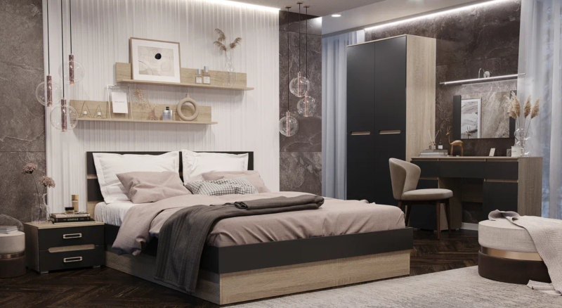 Спальный гарнитур Ким Зеркало МИФ (Графит софт, сонома СНЯТ)