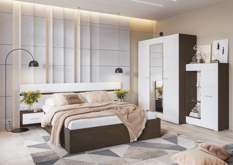 Спальня Вегас Шкаф 3-х ств. 1,5 СТЕНД (фасад МДФ БЕЛЫЙ ГЛЯНЕЦ/корпус ВЕНГЕ)