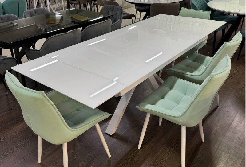 Стол Ривьер Стекло 1600 Ваша Мебель (Стекло белое, мдф+пленка белая, каркас муар белый (1600 (2200)х900))