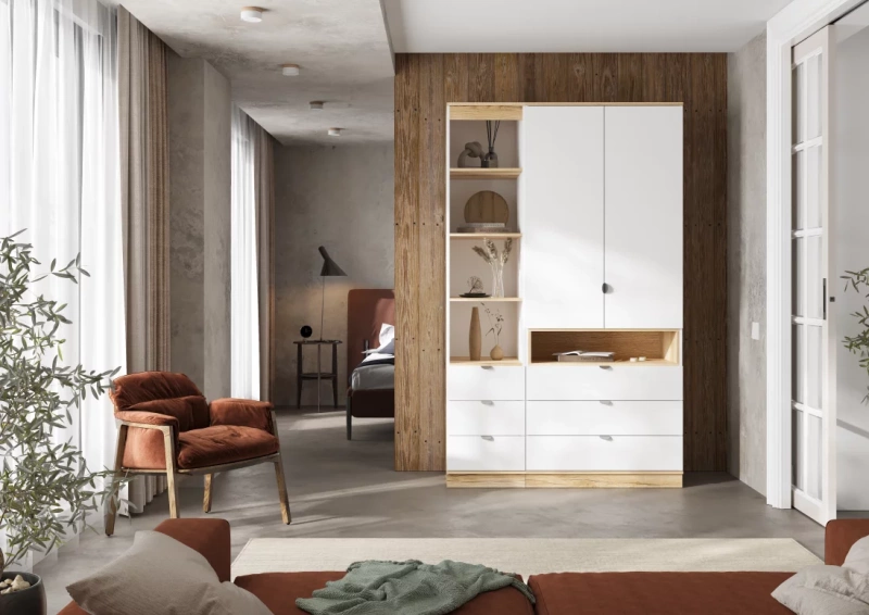 Юкки ШК 3Я 900 Шкаф 2х створчатый СТЕНД (фасад БЕЛЫЙ/корпус ДУБ ДЕЛАНО (900*2200*550))