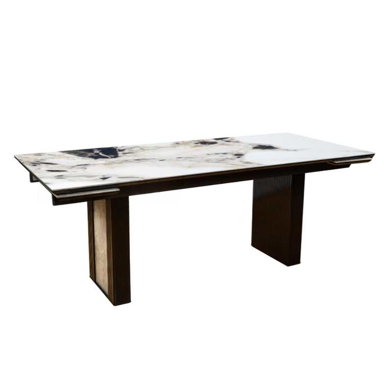 Стол Джорджио Керамика 2000 Ваша Мебель (Керамика 07 BG Senates мрамор белый глянец, МДФ черный, каркас муар черный (полка 300;2000(2600)х900) )