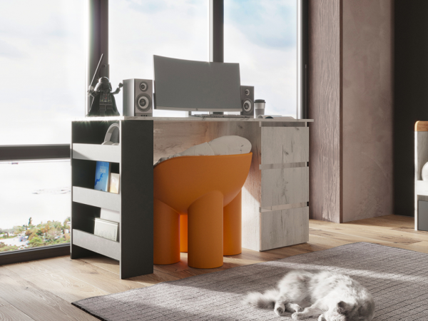 НКМ Кент-1 секция №2 стол с тумбой РОСТОК (Дуб Крафт Белый/Антрацит (1300*750*600))