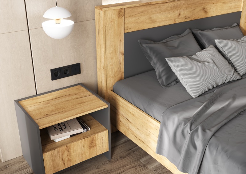 Спальный гарнитур Остин Кровать парящая 1,6м (ортопед дерево) МИФ (Дуб Крафт золото/Графит, Дуб Крафт)