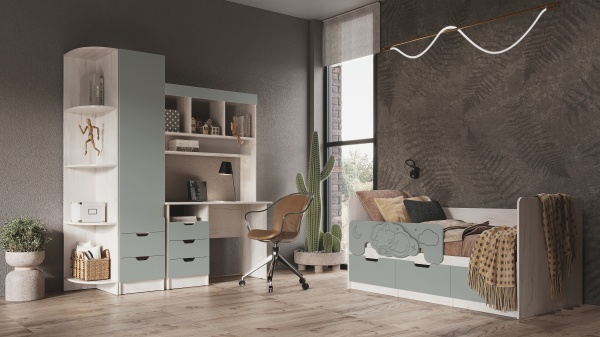 Детская серия Юниор-4 Кровать 1,6*0,8м МИФ (Шарли Бриз/Дуб Крафт Белый)