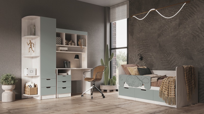 Детская серия Юниор-4 Кровать 1,6*0,8м МИФ (Шарли Бриз/Дуб Крафт Белый)