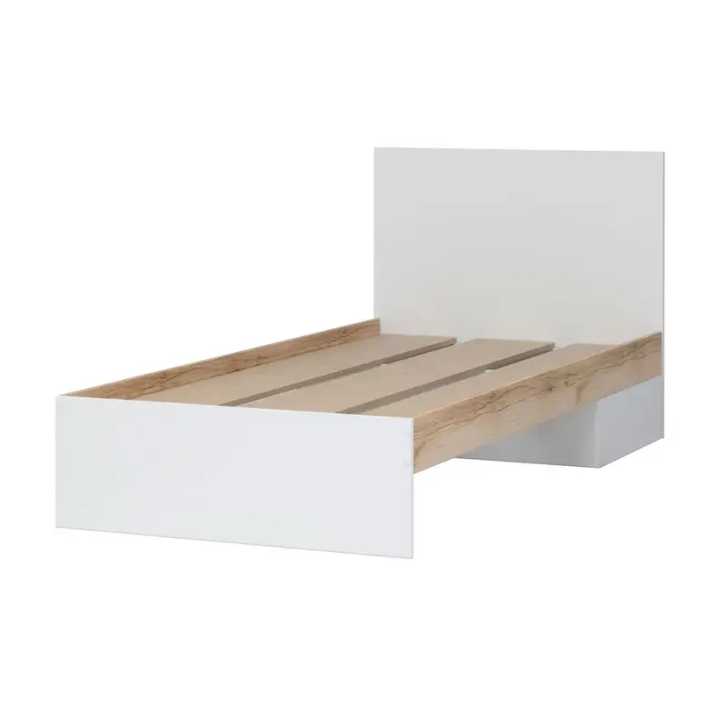 Юкки КР 900 Кровать 0.9х2.0 СТЕНД (фасад БЕЛЫЙ/корпус ДУБ ДЕЛАНО (940*860*2032))