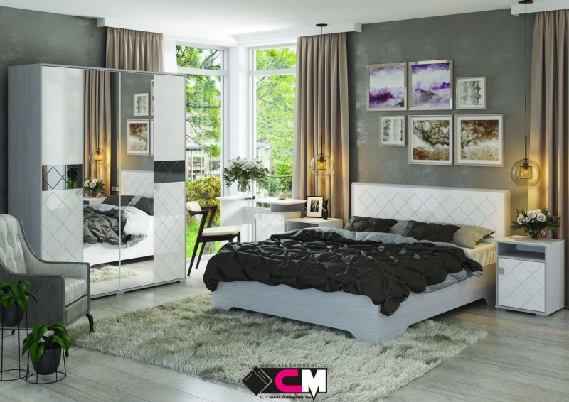 Спальня Сальма Шкаф 3-х дверный. ШК 023 СТЕНД (фасад МДФ БЕЛЫЙ ГЛЯНЕЦ/корпус АНКОР (1234х2060х525))