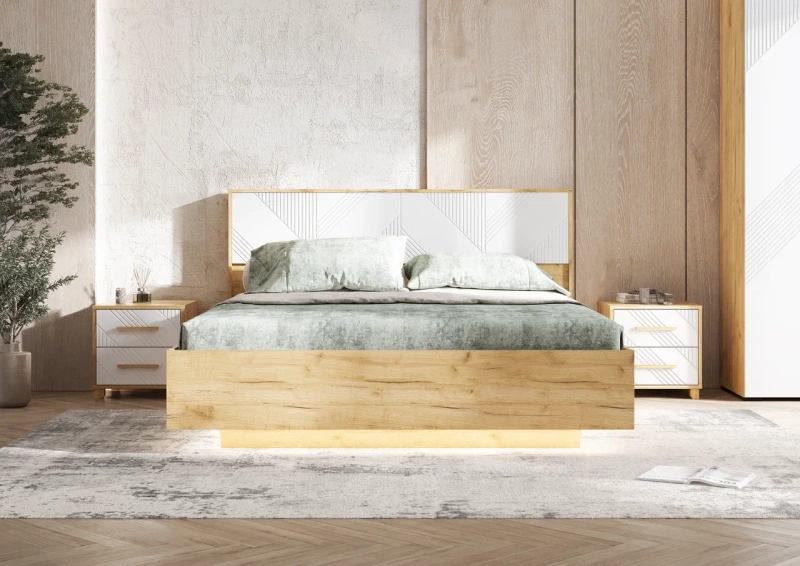 Спальный гарнитур Ирис Кровать парящая 1,6м (ортопед металл) МИФ (Браш Вайт, Дуб Крафт золото)