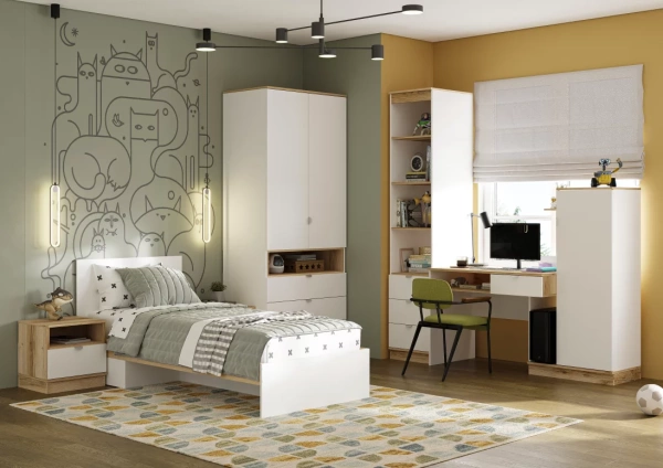 Юкки КР 900 Кровать 0.9х2.0 СТЕНД (фасад БЕЛЫЙ/корпус ДУБ ДЕЛАНО (940*860*2032))