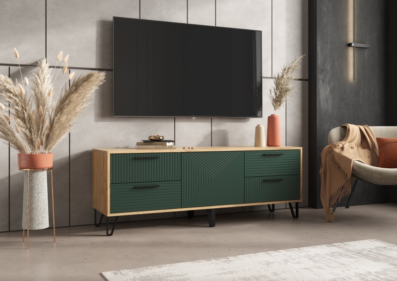 Гостиная Флэш Тумба ТВ (1500) МИФ (Браш Мени Грин, Дуб Крафт золото)