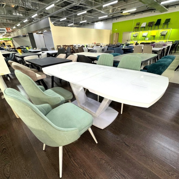 Стол Дионис Стекло 1600 Ваша Мебель (Стекло белое, мдф белый, каркас белый, колонна декор №3 V-образный белый (1600/2000*900*750))