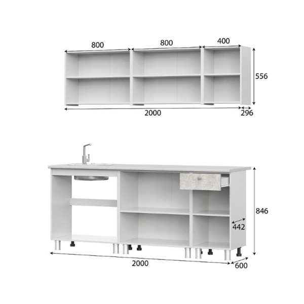 Кухонный гарнитур КГ-1 (2000) ЛДСП SV-мебель (Белый/Белый/Цемент св./Антарес (2000*1982*600*26))