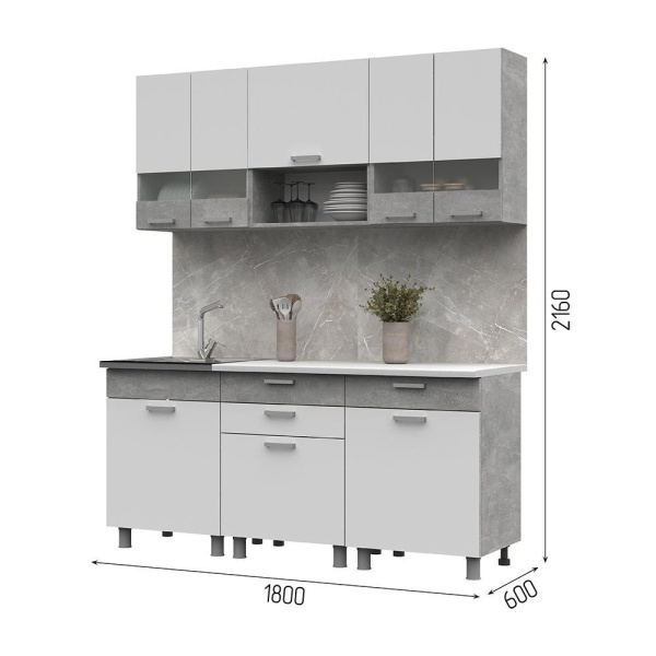 Кухня Денвер 1,8 СТЕНД (Фасад БЕЛЫЙ/Корпус АТЕЛЬЕ СВЕТЛЫЙ (1800х2160х600))