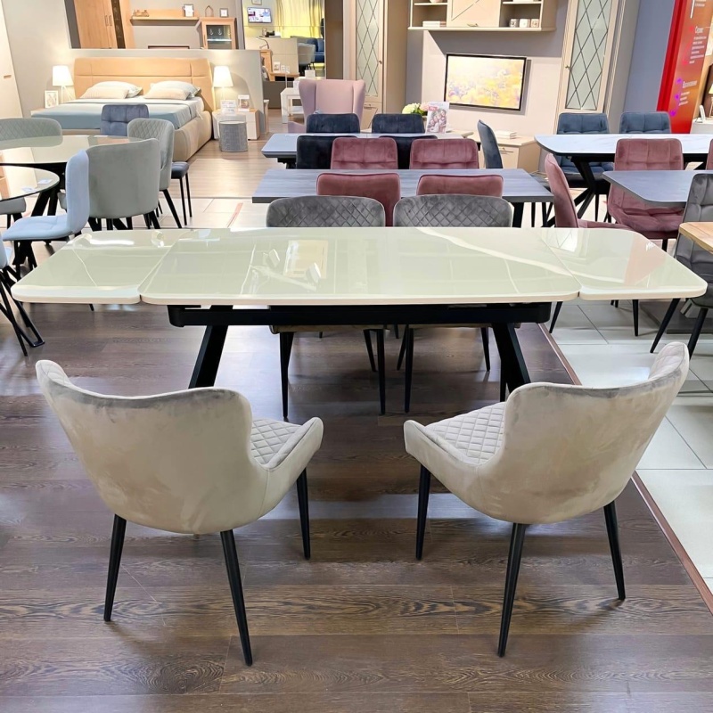 Стол Кронос Стекло 1400 Ваша Мебель (стекло бежевое, МДФ бежевый, каркас муар черный+Опора №12 черная (1400(2200)х850) СНЯТ)