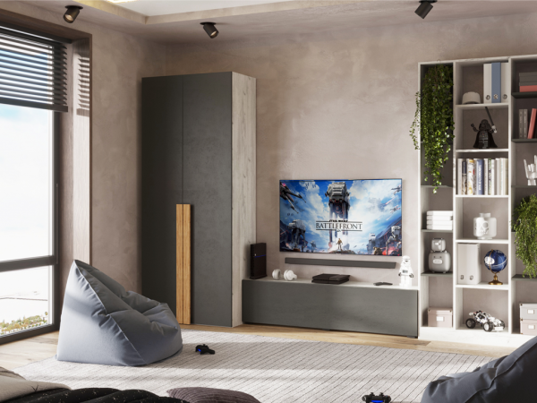 НКМ Кент-1 секция №7 стеллаж РОСТОК (Дуб Крафт Белый / Антрацит (940*2100*280))