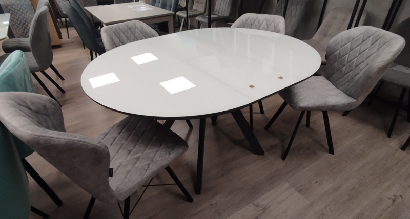 Стол Бахус Стекло 1100 Ваша Мебель (стекло белое/мдф черный/каркас основание МУАР черный (d=1100(1420)))