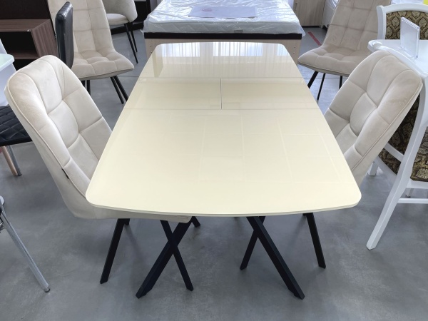 Стол Олимп Стекло 1140 Ваша Мебель (стекло бежевое/мдф бежевый/каркас основание X МУАР чёрный (1140(1460)х760))