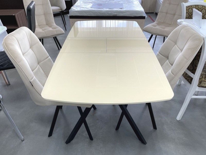 Стол Олимп Стекло 1140 Ваша Мебель (стекло бежевое/мдф бежевый/каркас основание X МУАР чёрный (1140(1460)х760))