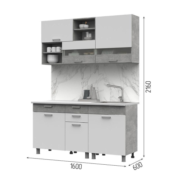 Кухня Денвер 1,6 СТЕНД (фасад БЕЛЫЙ/корпус АТЕЛЬЕ СВЕТЛОЕ (1600х2160х600))