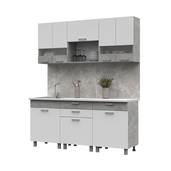 Кухня Денвер 1,8 СТЕНД (Фасад БЕЛЫЙ/Корпус АТЕЛЬЕ СВЕТЛЫЙ (1800х2160х600))