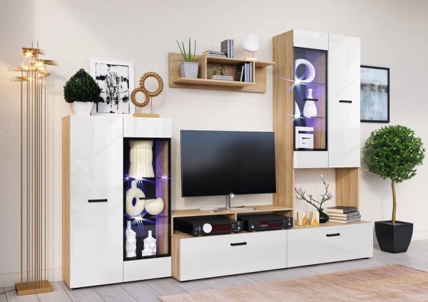 Гостиная Нэнси New Шкаф-стекло исп.2 (МДФ) МИФ (Белый глянец холодный, Сонома)