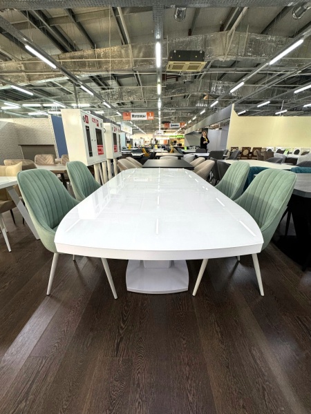 Стол Дионис Стекло 1400 Ваша Мебель (стекло белое, мдф белый, каркас белый, колонна декор №3 V-образный белый (1400/1800*850*750))