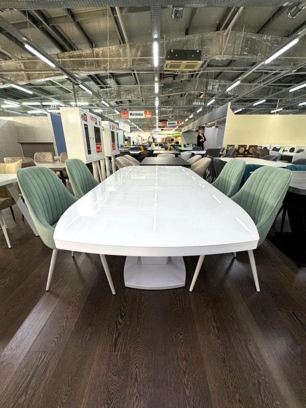 Стол Дионис Стекло 1400 Ваша Мебель (стекло белое, мдф белый, каркас белый, колонна декор №3 V-образный белый (1400/1800*850*750))