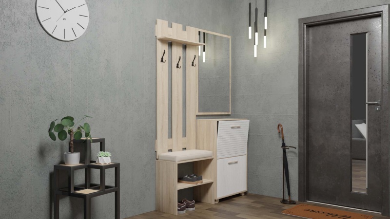 Копенгаген Вешалка с тумбой (12 СТУЛЬЕВ) (Корпус: ЛДСП Дуб Сонома, Фасад: МДФ Белый мат)